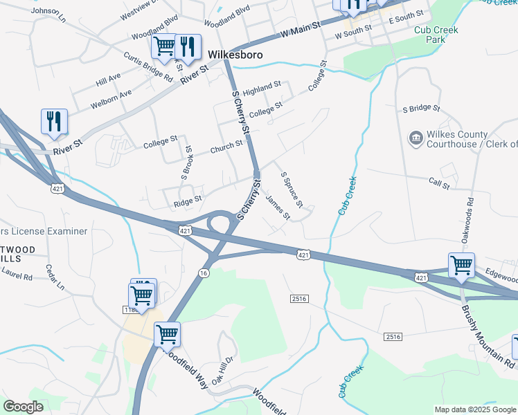 map of restaurants, bars, coffee shops, grocery stores, and more near 610 Ruffin Street in Wilkesboro