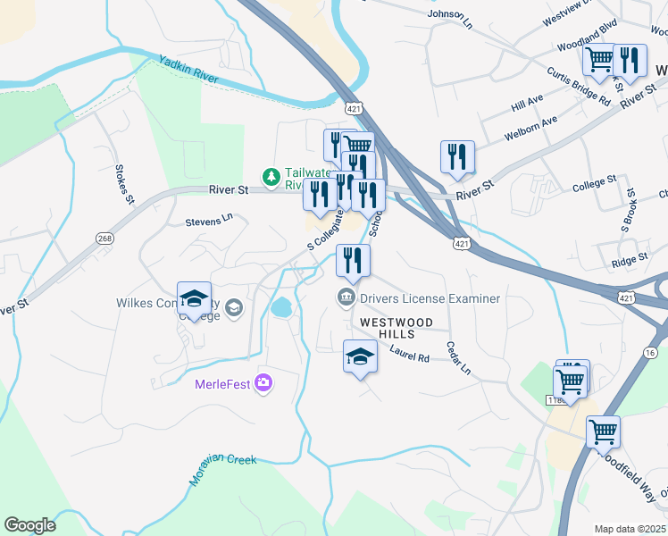 map of restaurants, bars, coffee shops, grocery stores, and more near Moravian Creek in Wilkesboro