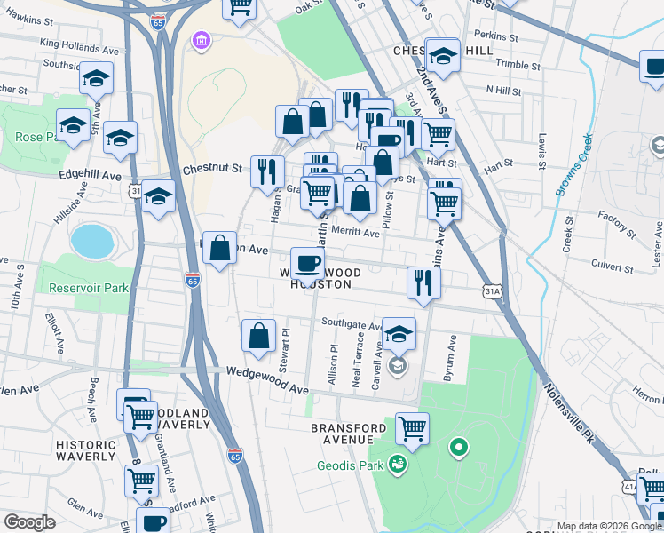 map of restaurants, bars, coffee shops, grocery stores, and more near in Nashville