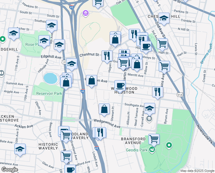 map of restaurants, bars, coffee shops, grocery stores, and more near 624 Moore Avenue in Nashville
