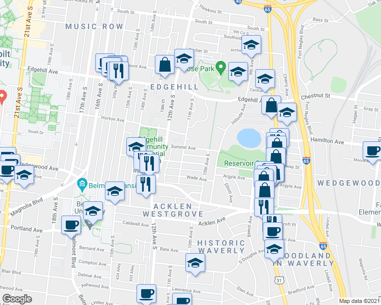 map of restaurants, bars, coffee shops, grocery stores, and more near 1016 Argyle Avenue in Nashville