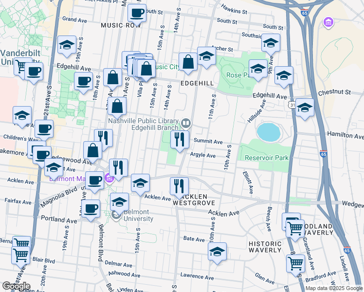 map of restaurants, bars, coffee shops, grocery stores, and more near 1429 12th Avenue South in Nashville