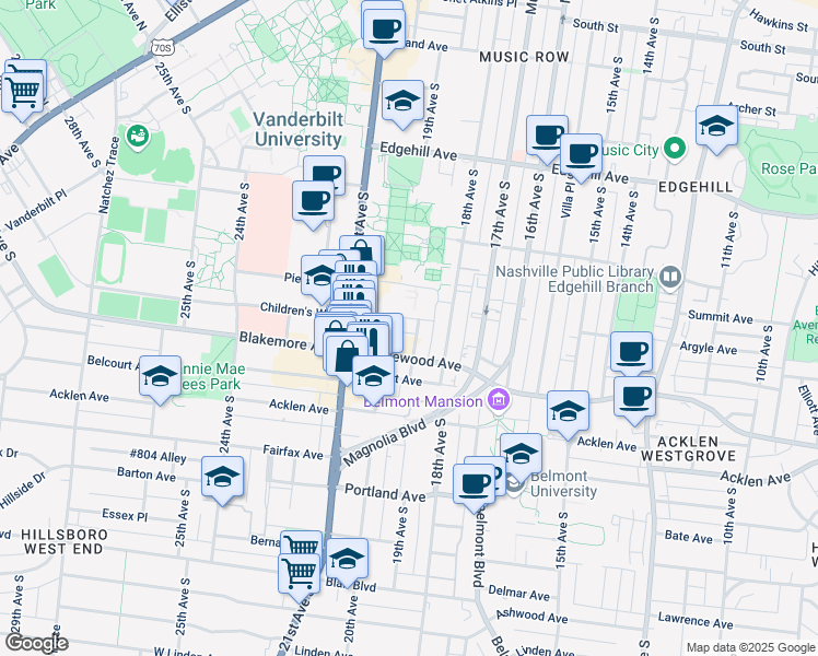 map of restaurants, bars, coffee shops, grocery stores, and more near 1908 Blakemore Avenue in Nashville
