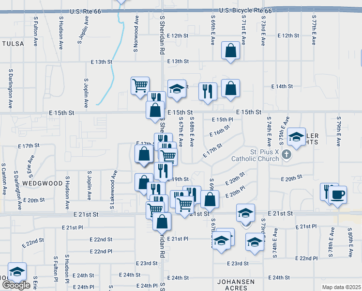 map of restaurants, bars, coffee shops, grocery stores, and more near 1575 South 67th East Avenue in Tulsa