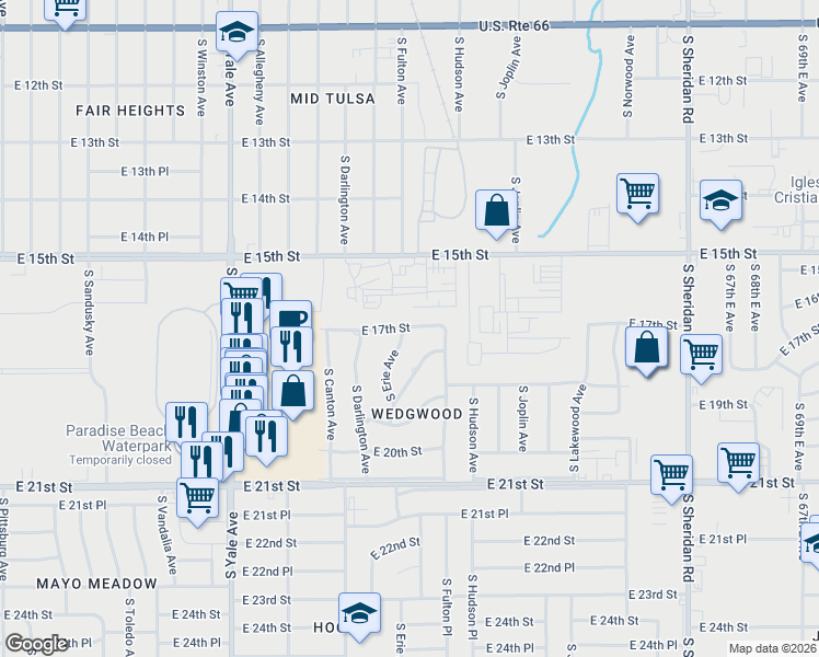 map of restaurants, bars, coffee shops, grocery stores, and more near 1708 South Erie Avenue in Tulsa