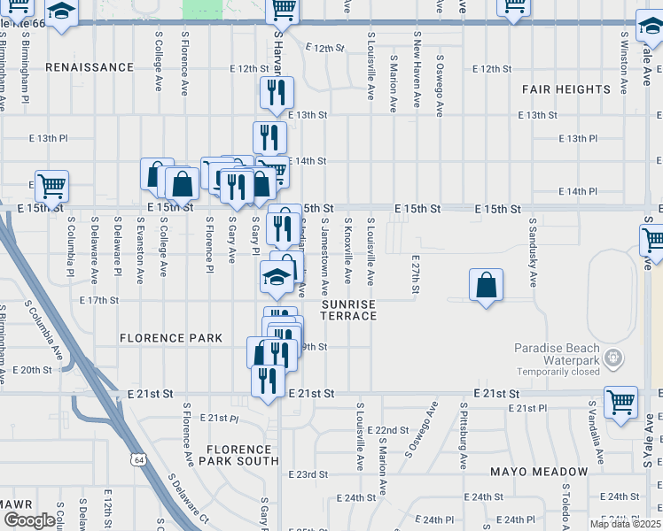 map of restaurants, bars, coffee shops, grocery stores, and more near 1624 South Jamestown Avenue in Tulsa