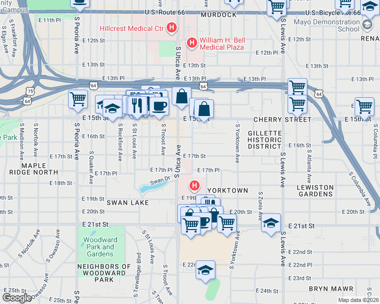 map of restaurants, bars, coffee shops, grocery stores, and more near 1701 South Victor Avenue in Tulsa