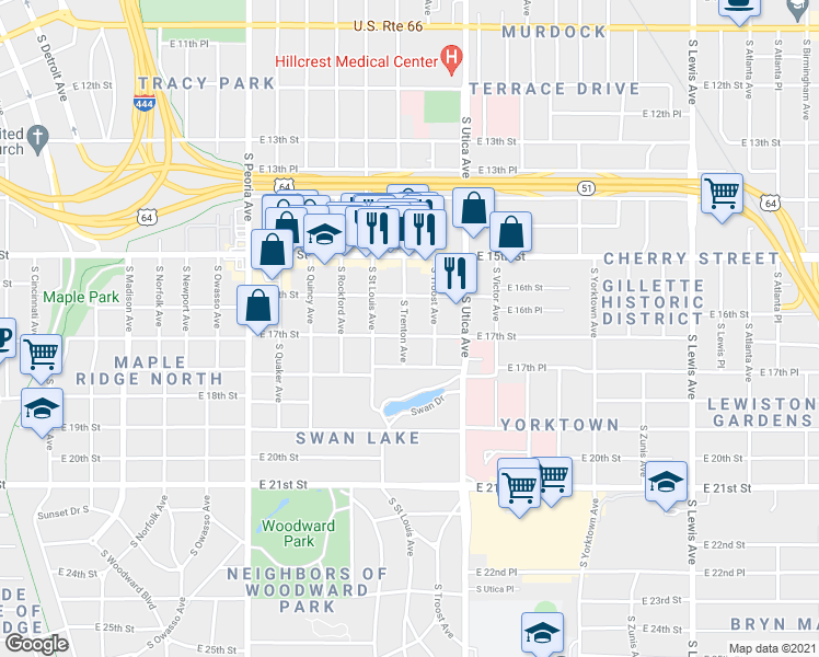 map of restaurants, bars, coffee shops, grocery stores, and more near 1702 South Trenton Avenue in Tulsa