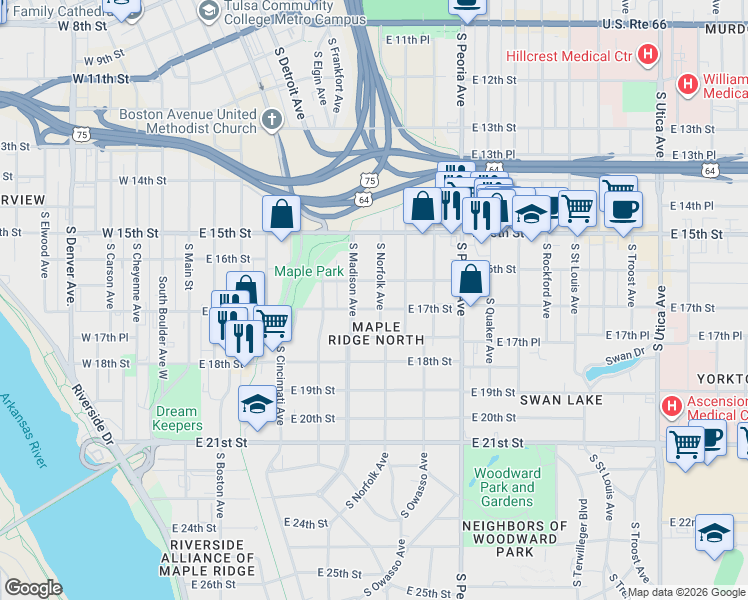 map of restaurants, bars, coffee shops, grocery stores, and more near 1703 South Norfolk Avenue in Tulsa