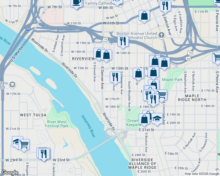 map of restaurants, bars, coffee shops, grocery stores, and more near 1638 South Carson Avenue in Tulsa