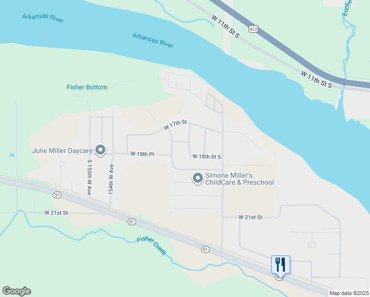 map of restaurants, bars, coffee shops, grocery stores, and more near 1859 South 147th West Avenue in Sand Springs