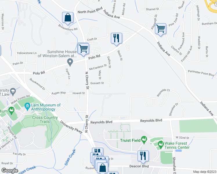 map of restaurants, bars, coffee shops, grocery stores, and more near 3994 Dalton Street in Winston-Salem