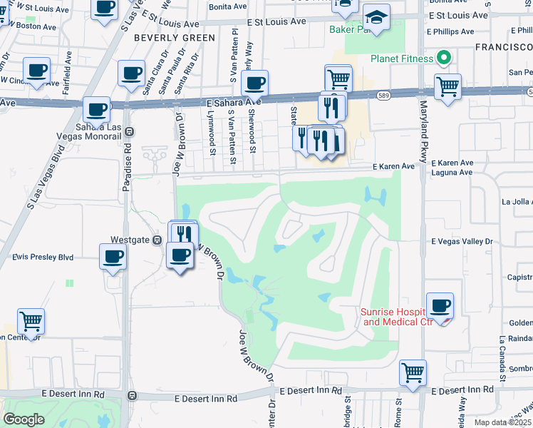 map of restaurants, bars, coffee shops, grocery stores, and more near 745 Oakmont Avenue in Las Vegas