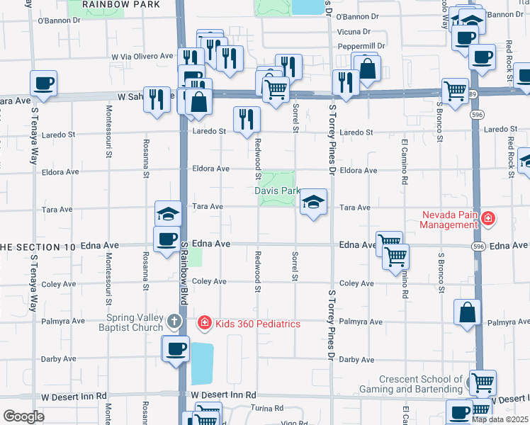 map of restaurants, bars, coffee shops, grocery stores, and more near 2868 Redwood Street in Las Vegas