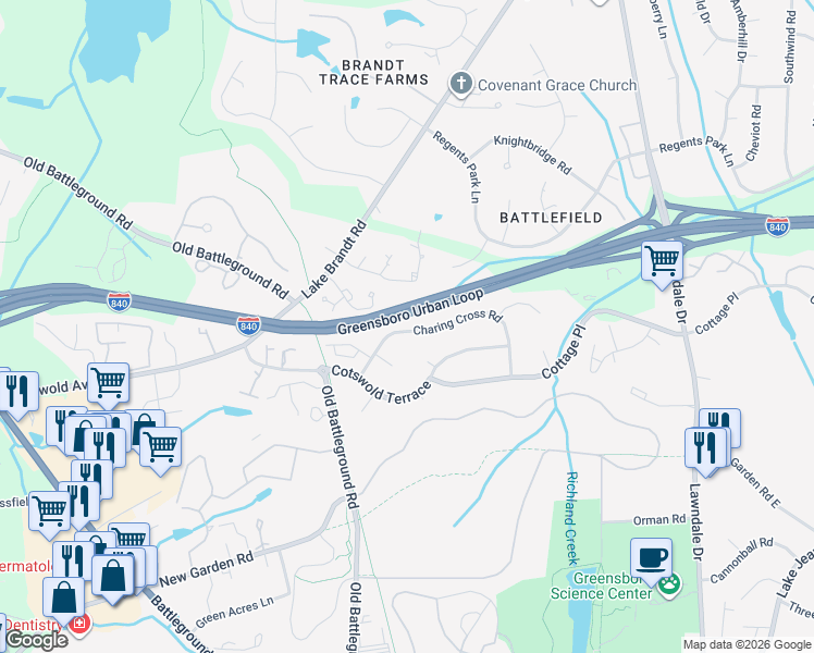 map of restaurants, bars, coffee shops, grocery stores, and more near 3523 Charing Cross Road in Greensboro