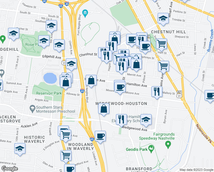 map of restaurants, bars, coffee shops, grocery stores, and more near 624 Moore Avenue in Nashville