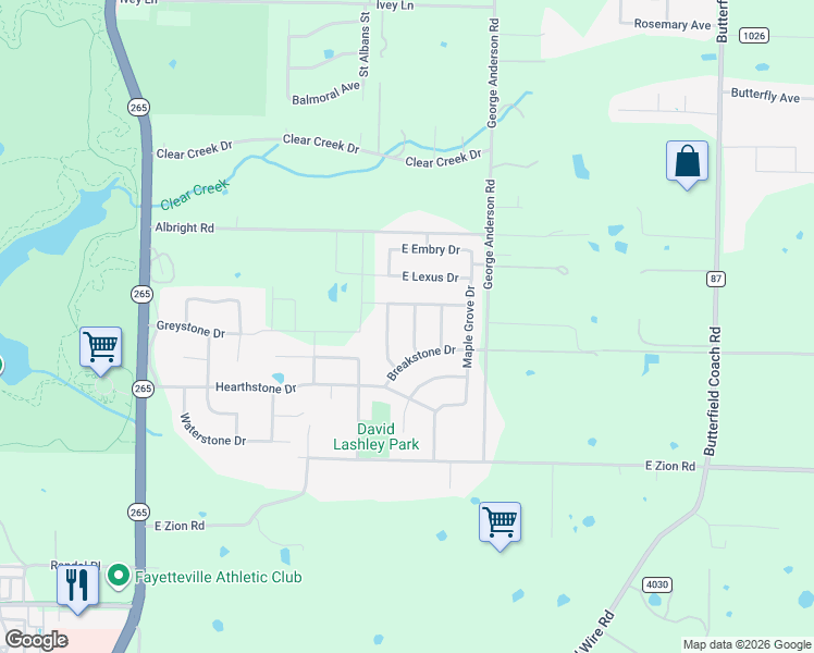 map of restaurants, bars, coffee shops, grocery stores, and more near 4820 North Earlywine Drive in Fayetteville