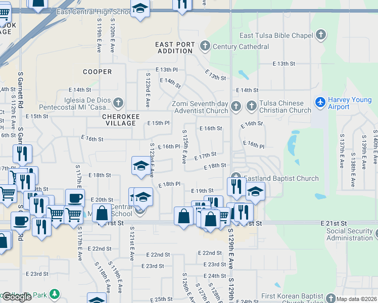 map of restaurants, bars, coffee shops, grocery stores, and more near 12521 East 17th Street in Tulsa