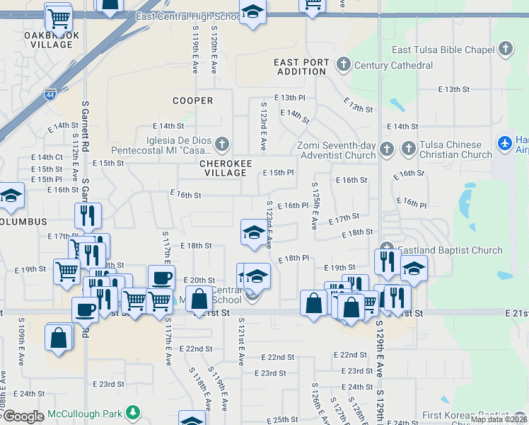 map of restaurants, bars, coffee shops, grocery stores, and more near 1625 South 122nd East Avenue in Tulsa