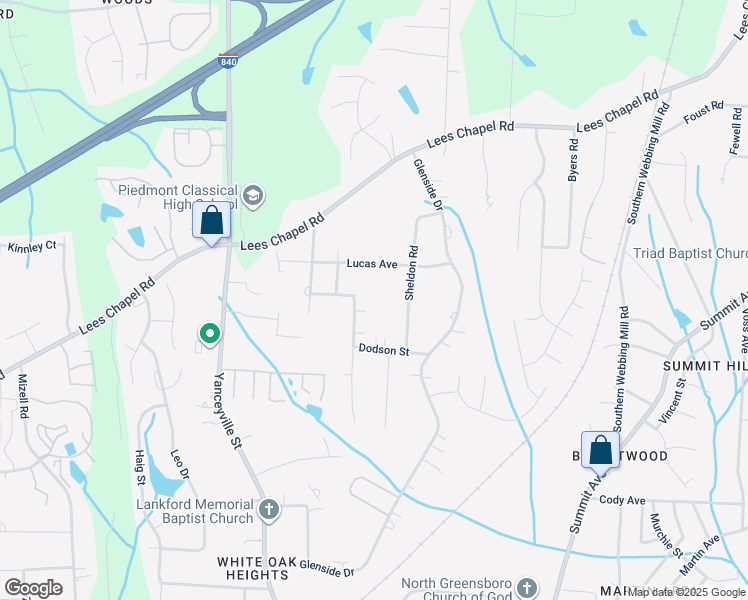 map of restaurants, bars, coffee shops, grocery stores, and more near 1601 Dodson Street in Greensboro