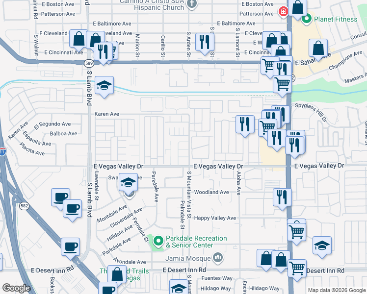 map of restaurants, bars, coffee shops, grocery stores, and more near 4570 Carriage Park Drive in Las Vegas