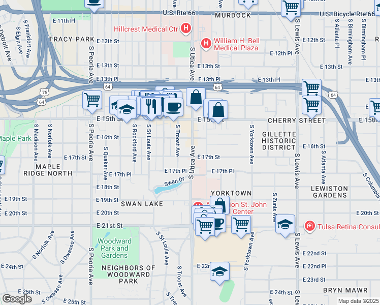 map of restaurants, bars, coffee shops, grocery stores, and more near 1704 South Utica Avenue in Tulsa
