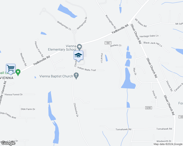 map of restaurants, bars, coffee shops, grocery stores, and more near 1925 Indian Wells Trail in Pfafftown