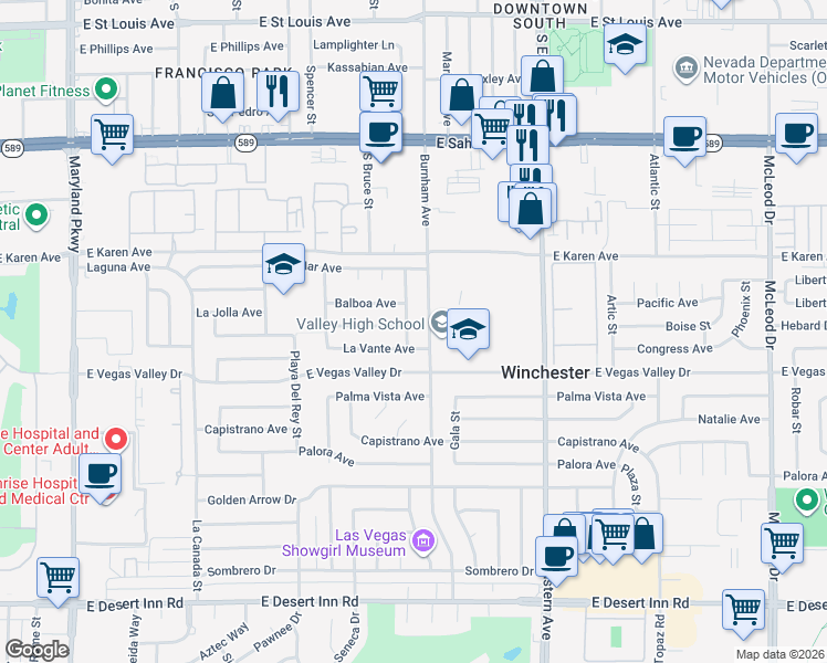 map of restaurants, bars, coffee shops, grocery stores, and more near 2824 El Toreador Street in Las Vegas