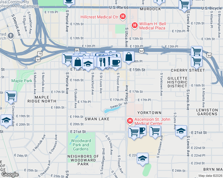 map of restaurants, bars, coffee shops, grocery stores, and more near 1702 South Trenton Avenue in Tulsa