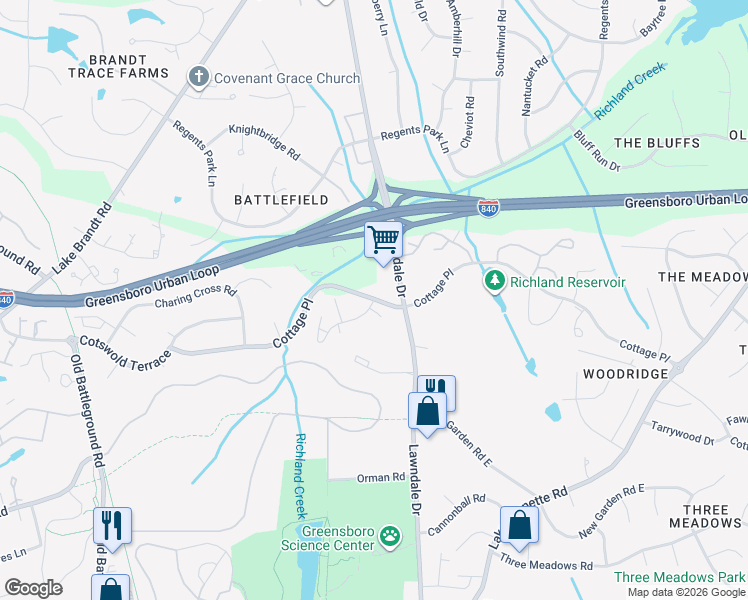 map of restaurants, bars, coffee shops, grocery stores, and more near 3003 Cottage Place in Greensboro