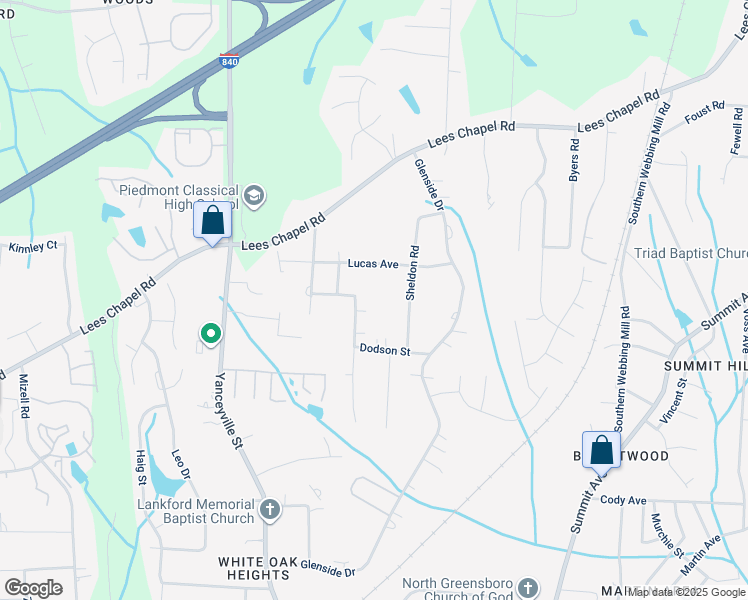 map of restaurants, bars, coffee shops, grocery stores, and more near 1601 Dodson Street in Greensboro