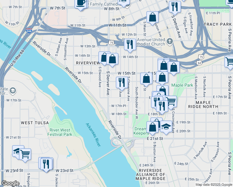 map of restaurants, bars, coffee shops, grocery stores, and more near 1638 South Carson Avenue in Tulsa