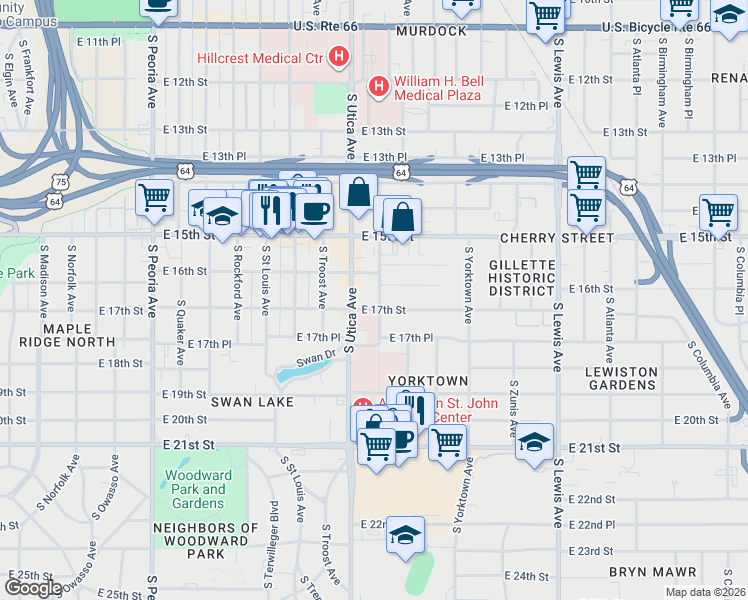 map of restaurants, bars, coffee shops, grocery stores, and more near 1701 South Victor Avenue in Tulsa