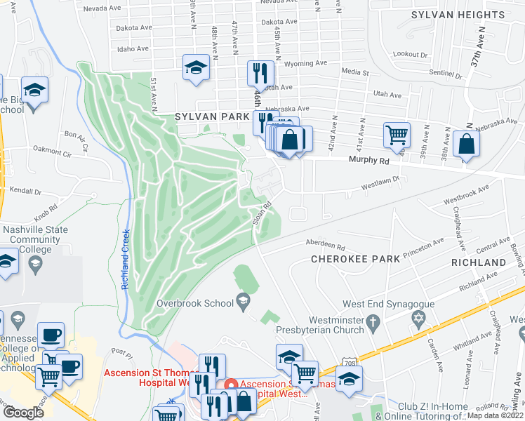 map of restaurants, bars, coffee shops, grocery stores, and more near Sloan Road in Nashville