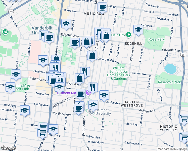 map of restaurants, bars, coffee shops, grocery stores, and more near 1613 16th Avenue South in Nashville