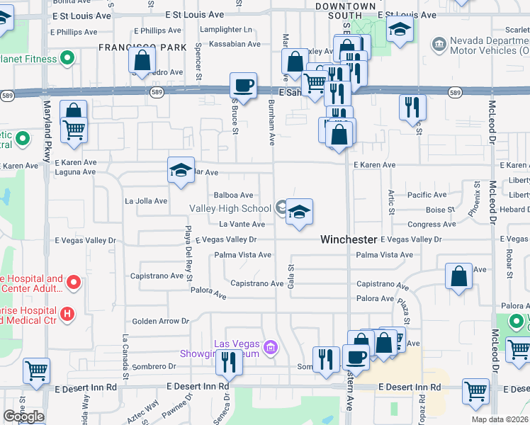 map of restaurants, bars, coffee shops, grocery stores, and more near 2824 El Toreador Street in Las Vegas