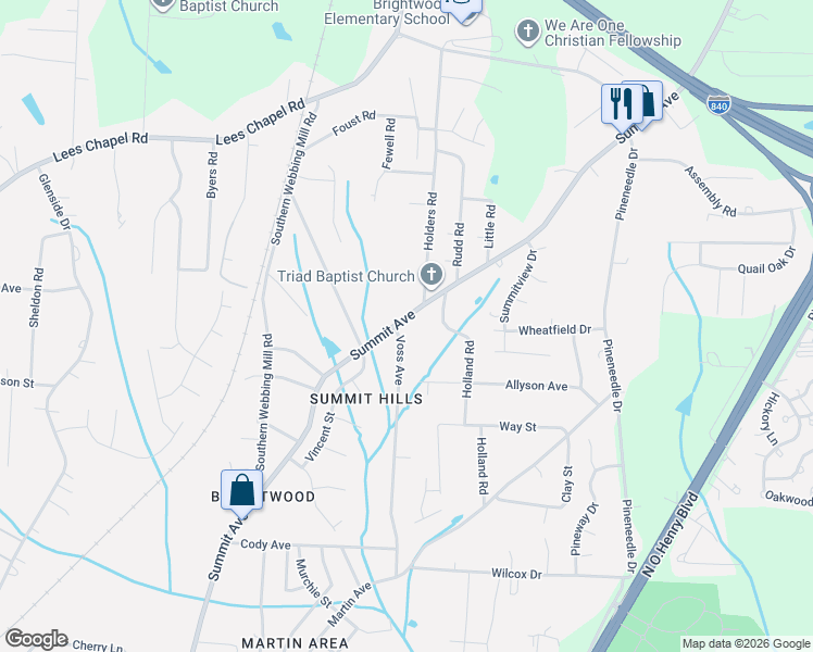 map of restaurants, bars, coffee shops, grocery stores, and more near 4434 Voss Avenue in Greensboro