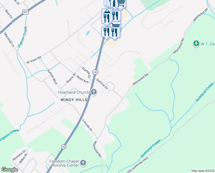map of restaurants, bars, coffee shops, grocery stores, and more near 204 Sunrise Drive in Greeneville