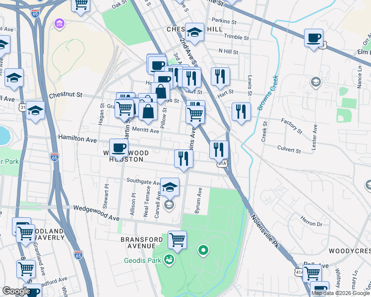 map of restaurants, bars, coffee shops, grocery stores, and more near 127 Rains Avenue in Nashville