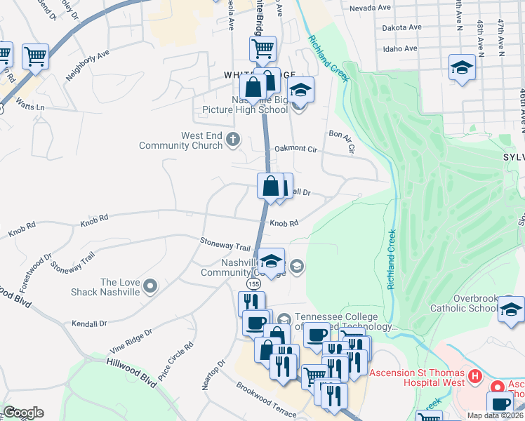 map of restaurants, bars, coffee shops, grocery stores, and more near 5572 Knob Road in Nashville