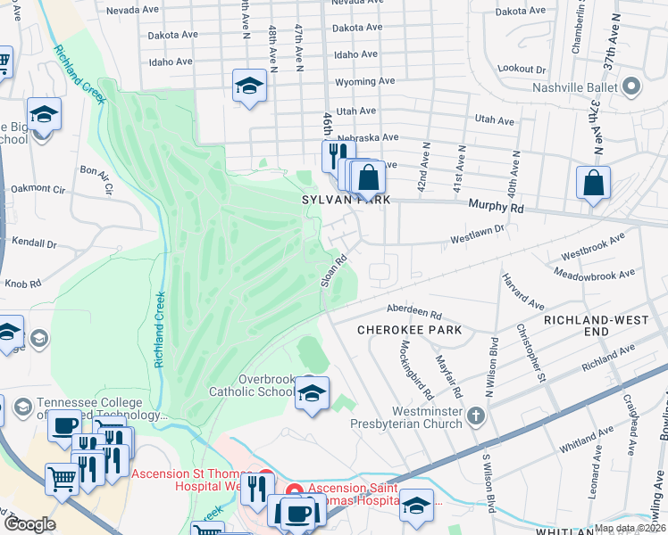 map of restaurants, bars, coffee shops, grocery stores, and more near Sloan Road in Nashville