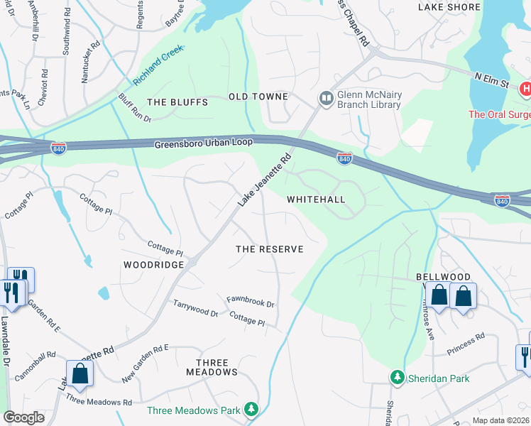 map of restaurants, bars, coffee shops, grocery stores, and more near 4712 Tenby Drive in Greensboro