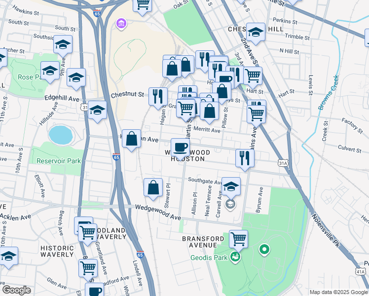map of restaurants, bars, coffee shops, grocery stores, and more near 606A Moore Avenue in Nashville