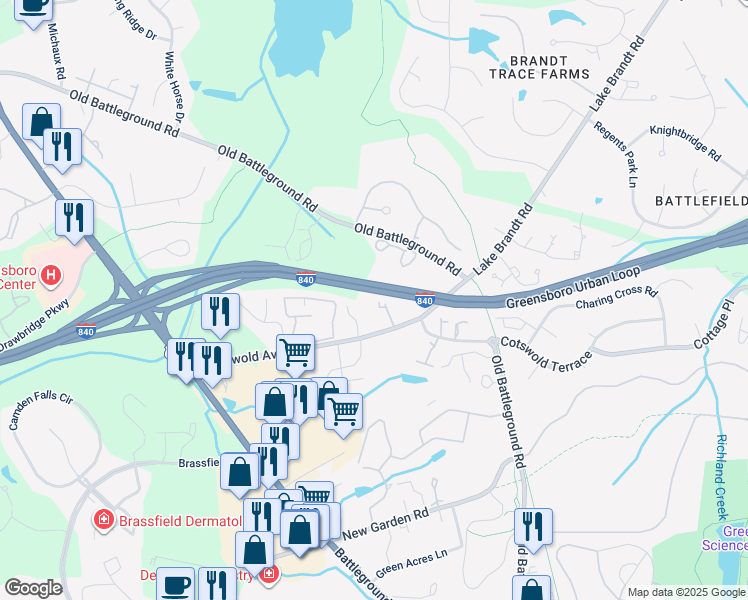 map of restaurants, bars, coffee shops, grocery stores, and more near 4401 Old Battleground Road in Greensboro