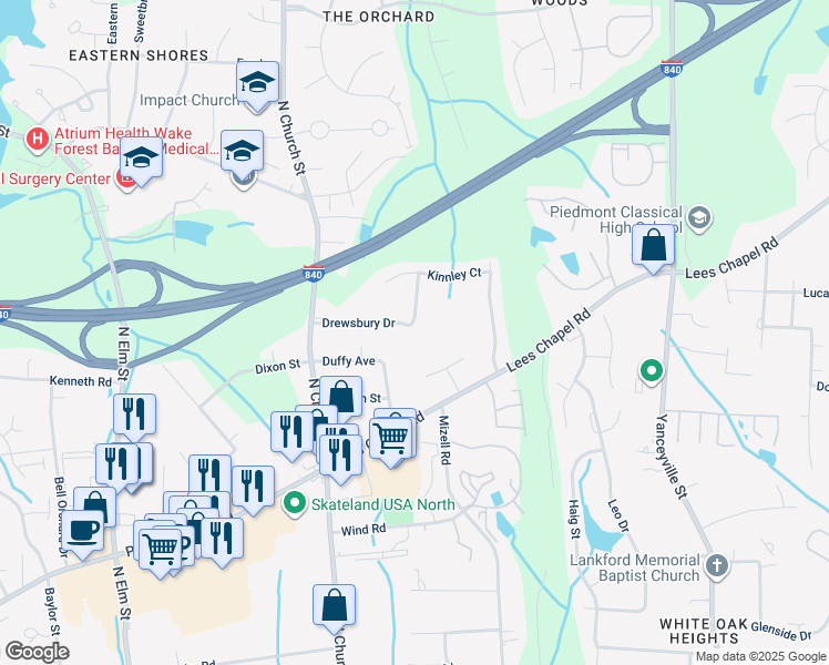 map of restaurants, bars, coffee shops, grocery stores, and more near 134 Drewsbury Drive in Greensboro