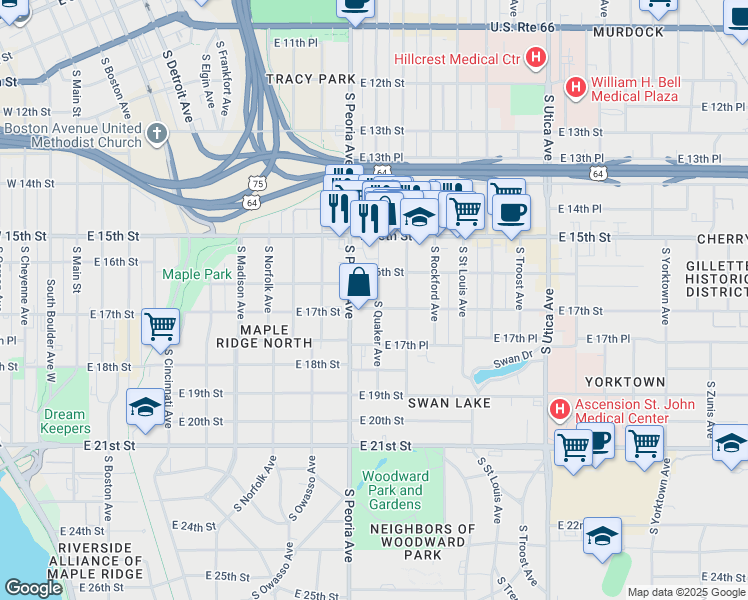 map of restaurants, bars, coffee shops, grocery stores, and more near 1632 South Quaker Avenue in Tulsa