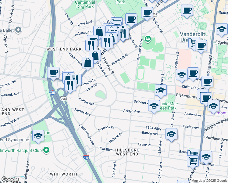 map of restaurants, bars, coffee shops, grocery stores, and more near 411 32nd Avenue South in Nashville