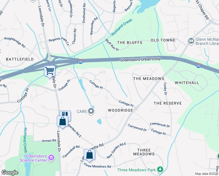 map of restaurants, bars, coffee shops, grocery stores, and more near 2554 Cottage Place in Greensboro