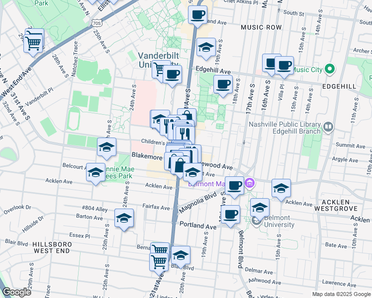 map of restaurants, bars, coffee shops, grocery stores, and more near in Nashville