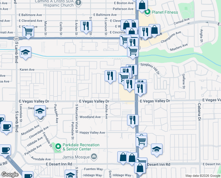 map of restaurants, bars, coffee shops, grocery stores, and more near 4800 East Vegas Valley Drive in Las Vegas